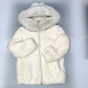 DAVID GREEN Alaska Girls White Rabbit Fur Hooded Parka Jacket Fox Fur Trim 6
